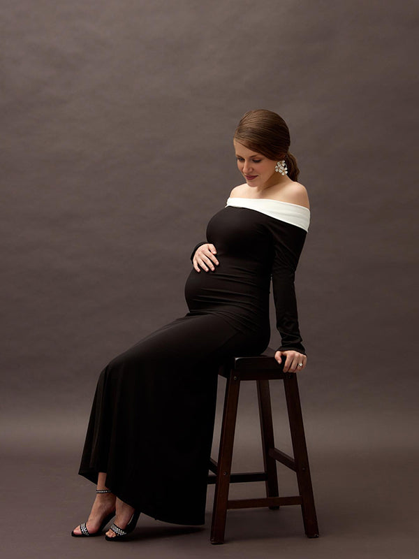 Beaumama robes longue grossesse élégant couleur bloc moulante épaule dénudée enceinte shooting femme enceinte