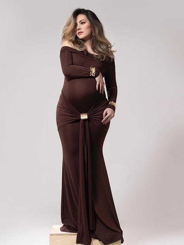 Beaumama robes longue grossesse élégant enceinte shooting boucle moulante plissé nœud épaule dénudée femme enceinte