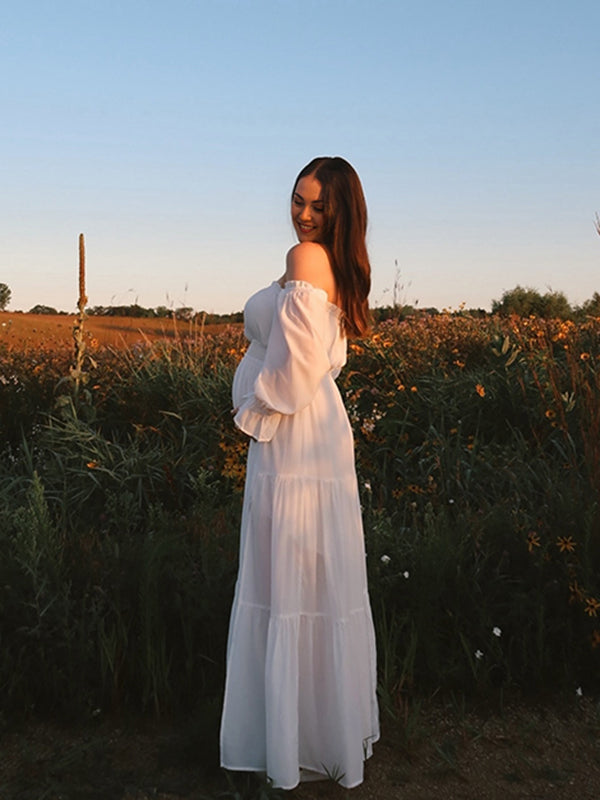 Beaumama robes longue grossesse bohème enceinte shooting volants fendu le côté fluide épaule dénudée femme enceinte