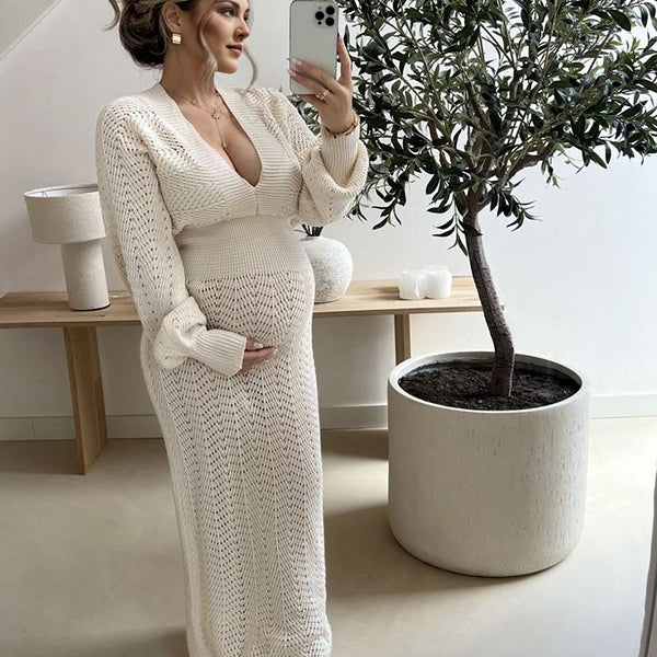 Beaumama robes pulls longue grossesse élégant cérémonie crochet tricot découpe décolleté plongeant femme enceinte
