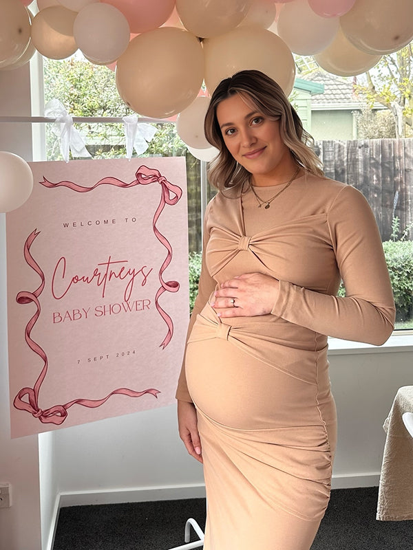 Beaumama robe babyshower longue grossesse nœud papillon moulante col rond élégant femme enceinte