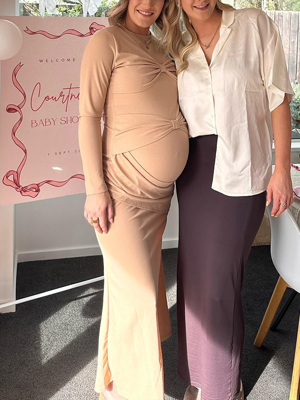 Beaumama robe babyshower longue grossesse nœud papillon moulante col rond élégant femme enceinte