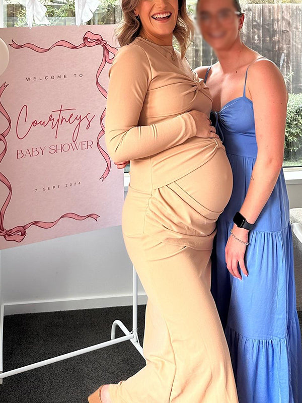 Beaumama robe babyshower longue grossesse nœud papillon moulante col rond élégant femme enceinte