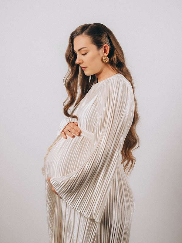 Beaumama robes longue grossesse plissé ceinture manches trompette élégant femme enceinte