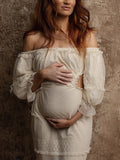 Beaumama robes longue grossesse tulle dentelle transparent découpe frange col bateau enceinte shooting femme enceinte