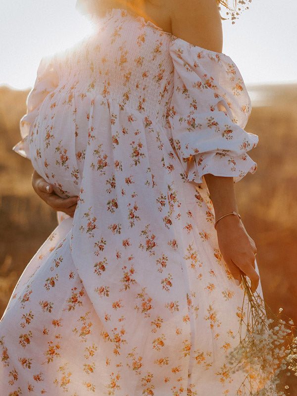 Beaumama robes longue grossesse imprimé fleurie volants plissé fluide col bateau enceinte shooting femme enceinte