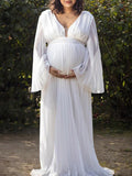 Beaumama robes longue grossesse mariage plissé dos nu fluide mousseline manches trompette mariée femme enceinte