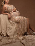 Beaumama robes photo longue grossesse fendu le côté brillante paillette frange croisé dos mariage femme enceinte