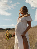 Beaumama robes photo longue grossesse fendu le côté fluide coulisse taille trapèze bohème femme enceinte