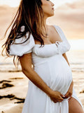 Beaumama robes photo longue grossesse fendu le côté fluide coulisse taille trapèze bohème femme enceinte