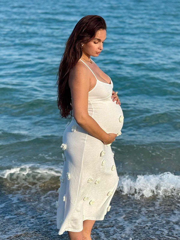 Beaumama robe longue de grossesse babyshower sirène moulante dos croisé ornée de fleurs 3D pour femme enceinte