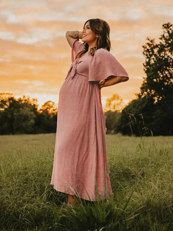 Beaumama robes longue grossesse élégant casual nœud papillon volants fluide enceinte shooting femme enceinte