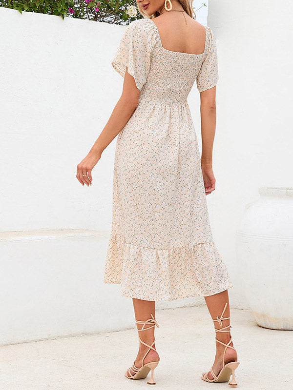 Beaumama robes mi-longue grossesse bohème vacances liberty imprimé fleurie volants plissé fluide femme enceinte