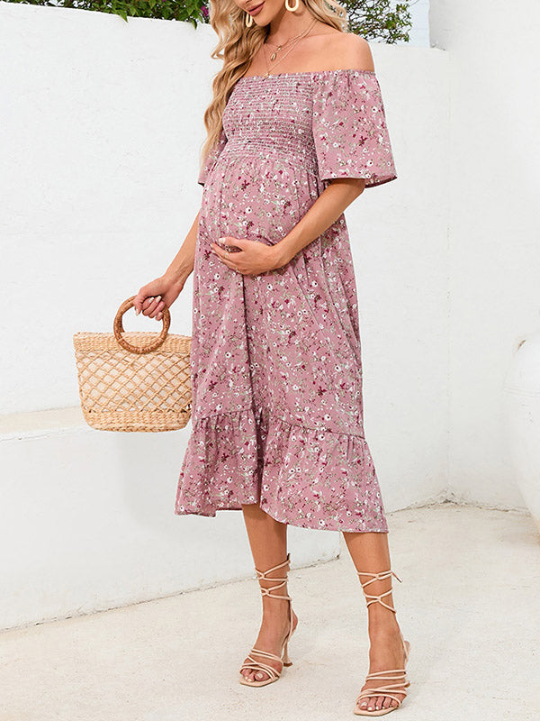 Beaumama robes mi-longue grossesse bohème vacances liberty imprimé fleurie volants plissé fluide femme enceinte