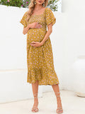 Beaumama robes mi-longue grossesse bohème vacances liberty imprimé fleurie volants plissé fluide femme enceinte