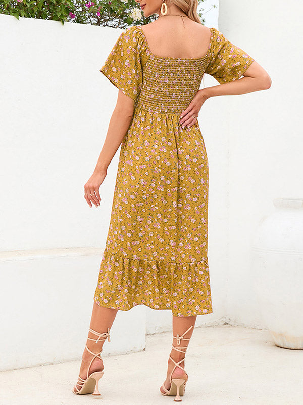 Beaumama robes mi-longue grossesse bohème vacances liberty imprimé fleurie volants plissé fluide femme enceinte