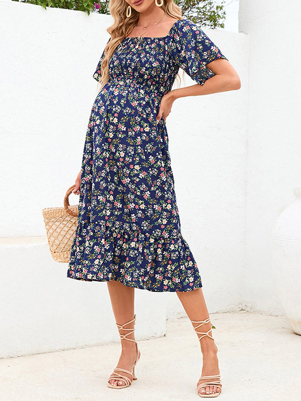 Beaumama robes mi-longue grossesse bohème vacances liberty imprimé fleurie volants plissé fluide femme enceinte