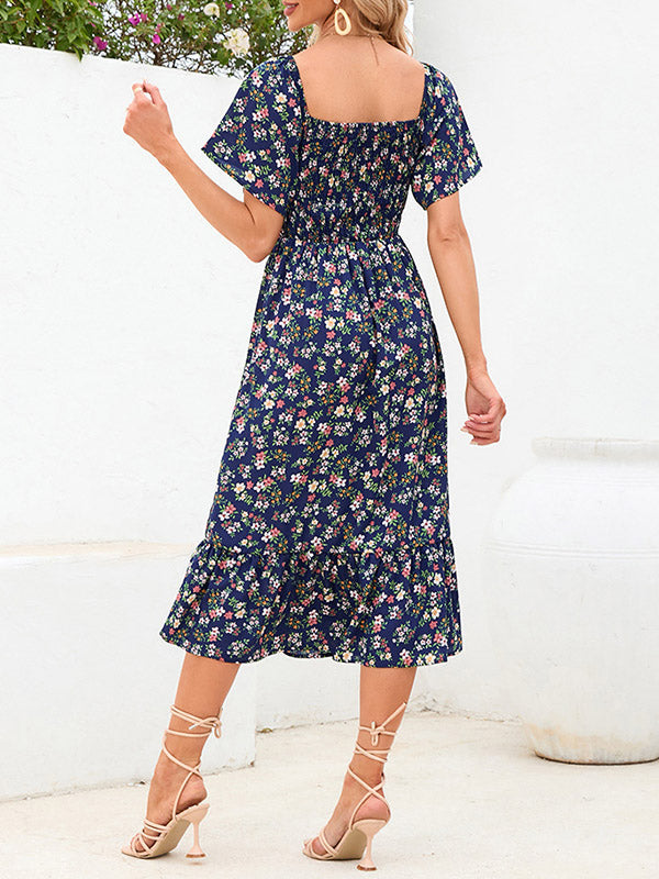Beaumama robes mi-longue grossesse bohème vacances liberty imprimé fleurie volants plissé fluide femme enceinte
