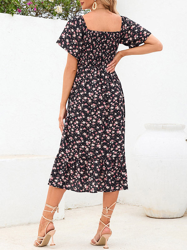 Beaumama robes mi-longue grossesse bohème vacances liberty imprimé fleurie volants plissé fluide femme enceinte