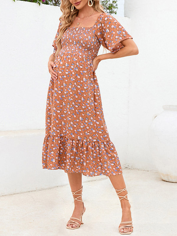 Beaumama robes mi-longue grossesse bohème vacances liberty imprimé fleurie volants plissé fluide femme enceinte