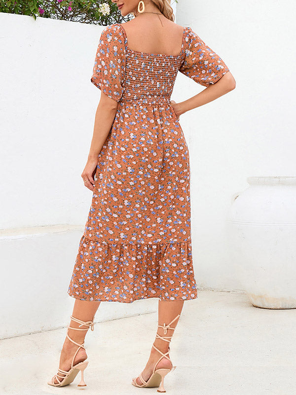 Beaumama robes mi-longue grossesse bohème vacances liberty imprimé fleurie volants plissé fluide femme enceinte