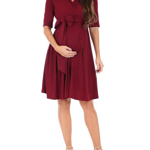 Beaumama robes mi-longue grossesse nœud papillon v-cou femme enceinte