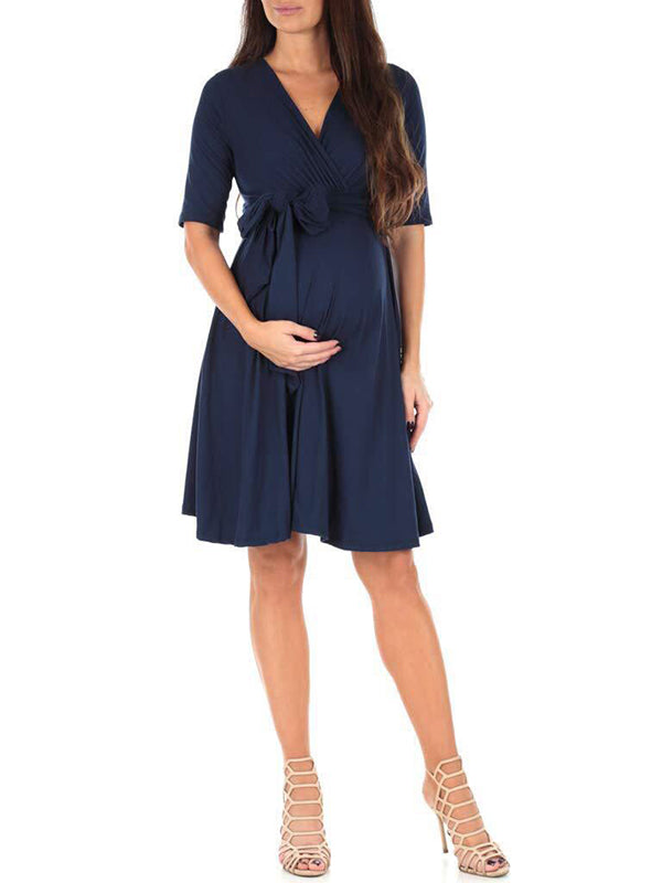 Beaumama robes mi-longue grossesse nœud papillon v-cou femme enceinte