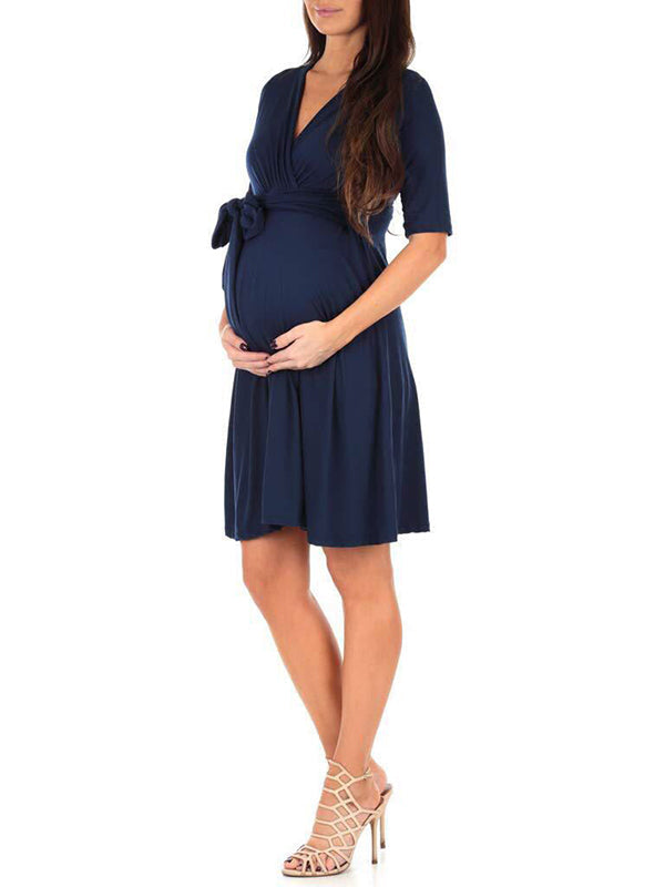 Beaumama robes mi-longue grossesse nœud papillon v-cou femme enceinte