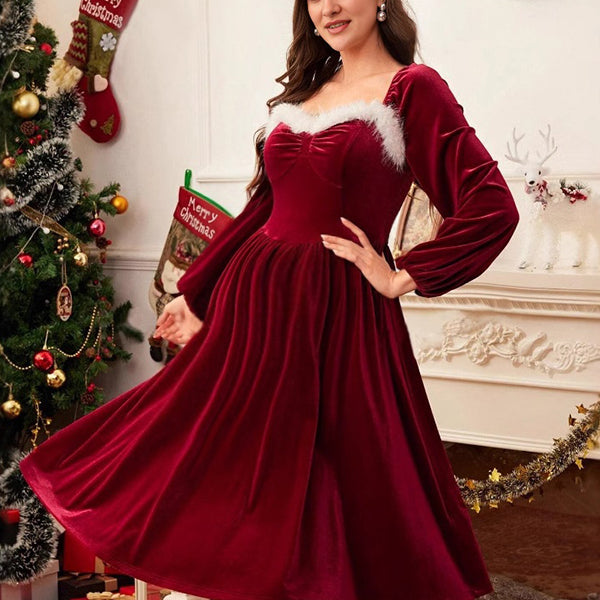 Beaumama robe mi-longue grossesse photo noël élégant velours fluide plume poilu femme enceinte