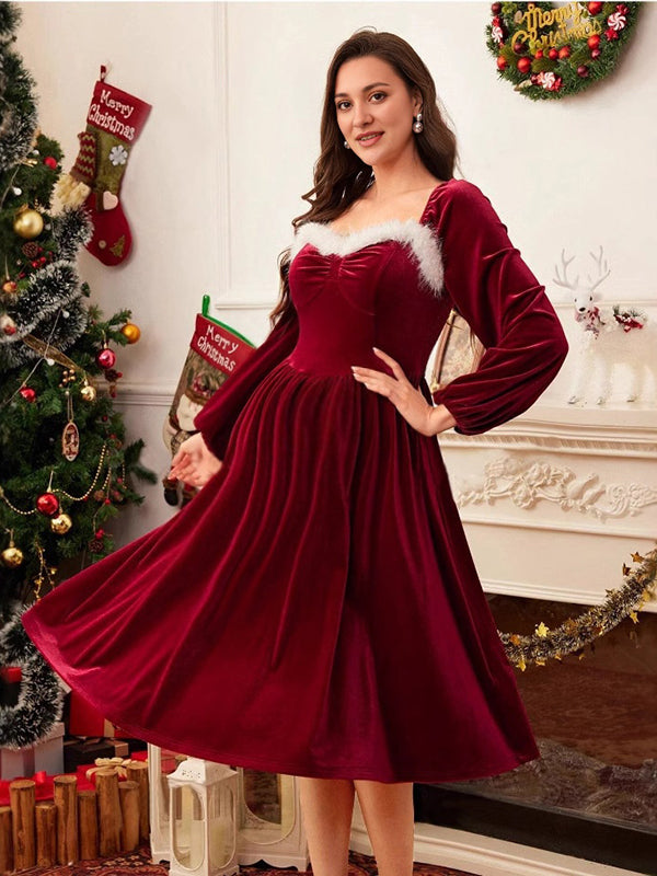 Beaumama robe mi-longue grossesse photo noël élégant velours fluide plume poilu femme enceinte