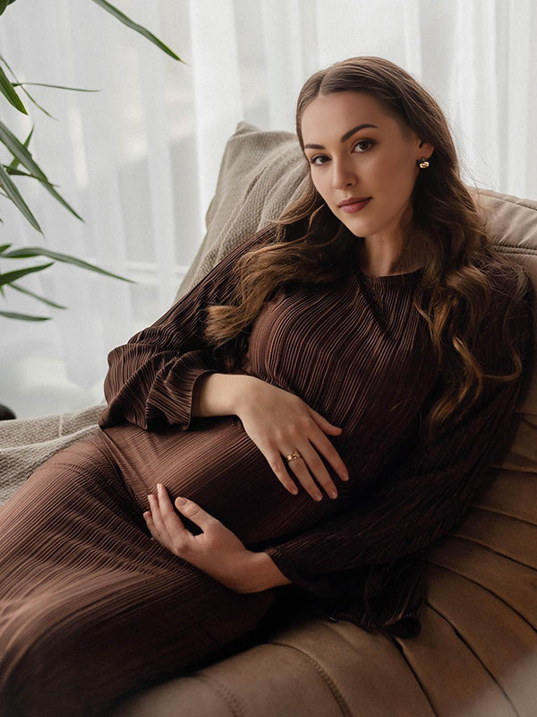 Beaumama robes mi-longue grossesse ceinture plissé col rond manches trompette élégant femme enceinte