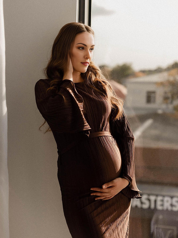 Beaumama robes mi-longue grossesse ceinture plissé col rond manches trompette élégant femme enceinte