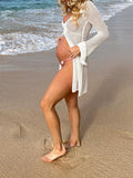 Beaumama robes photo courte grossesse bohème rugueux fente avant bord ondulé coulisse taille cache-maillots femme enceinte