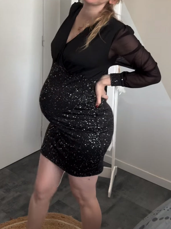 Beaumama robes courte grossesse élégant cocktail brillante paillette tulle transparent moulante femme enceinte