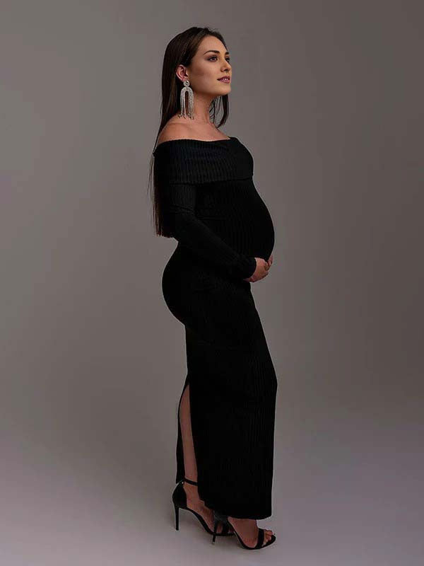 Beaumama robe shooting longue grossesse épaule dénudée crochet tricot moulante fentes femme enceinte