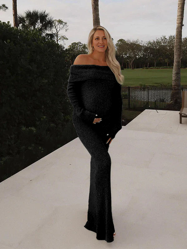 Beaumama robe longue grossesse vacances élégant épaule dénudée crochet tricot moulante femme enceinte