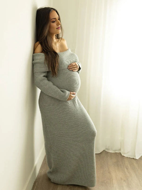 Beaumama robe longue grossesse vacances élégant épaule dénudée crochet tricot moulante femme enceinte