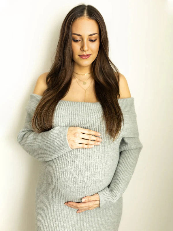 Beaumama robe longue grossesse vacances élégant épaule dénudée crochet tricot moulante femme enceinte