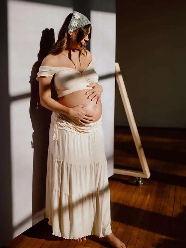 Beaumama robe longue grossesse enceinte shooting costume deux pieces volants fluide coulisse taille moulante femme enceinte