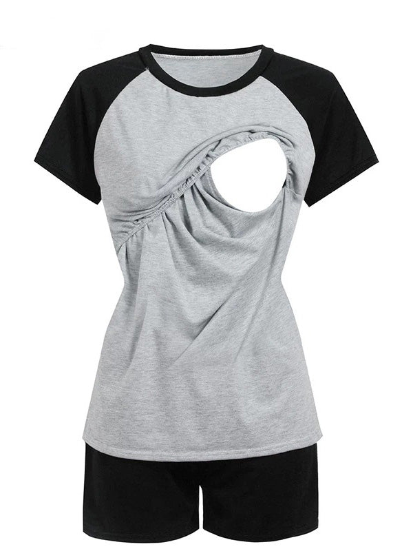 Beaumama t-shirt allaitement grossesse casual confortable costume deux pièces couleur bloc shorts femme enceinte