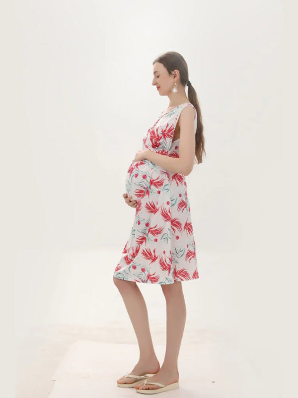 Beaumama robe allaitement mi-longue grossesse casual confortable élégant imprimé feuille plissé femme enceinte