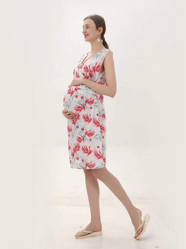 Beaumama robe allaitement mi-longue grossesse casual confortable élégant imprimé feuille plissé femme enceinte