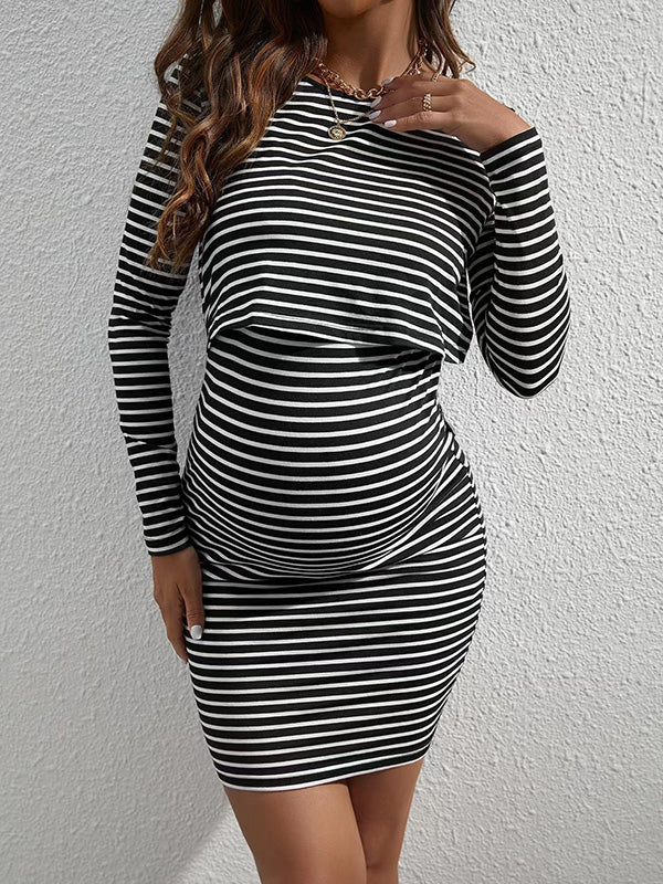 Beaumama robe allaitement mi-longue grossesse casual confortable élégant rayé moulante femme enceinte