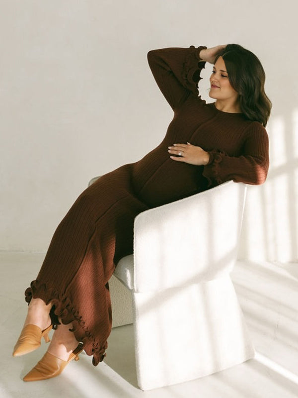 Beaumama robes longue grossesse élégant cérémonie crochet tricot volants croisé dos femme enceinte