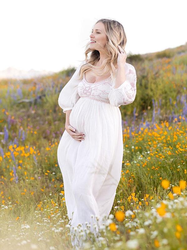 Beaumama robes shooting longue grossesse bohème broderie fleurie fluide femme enceinte