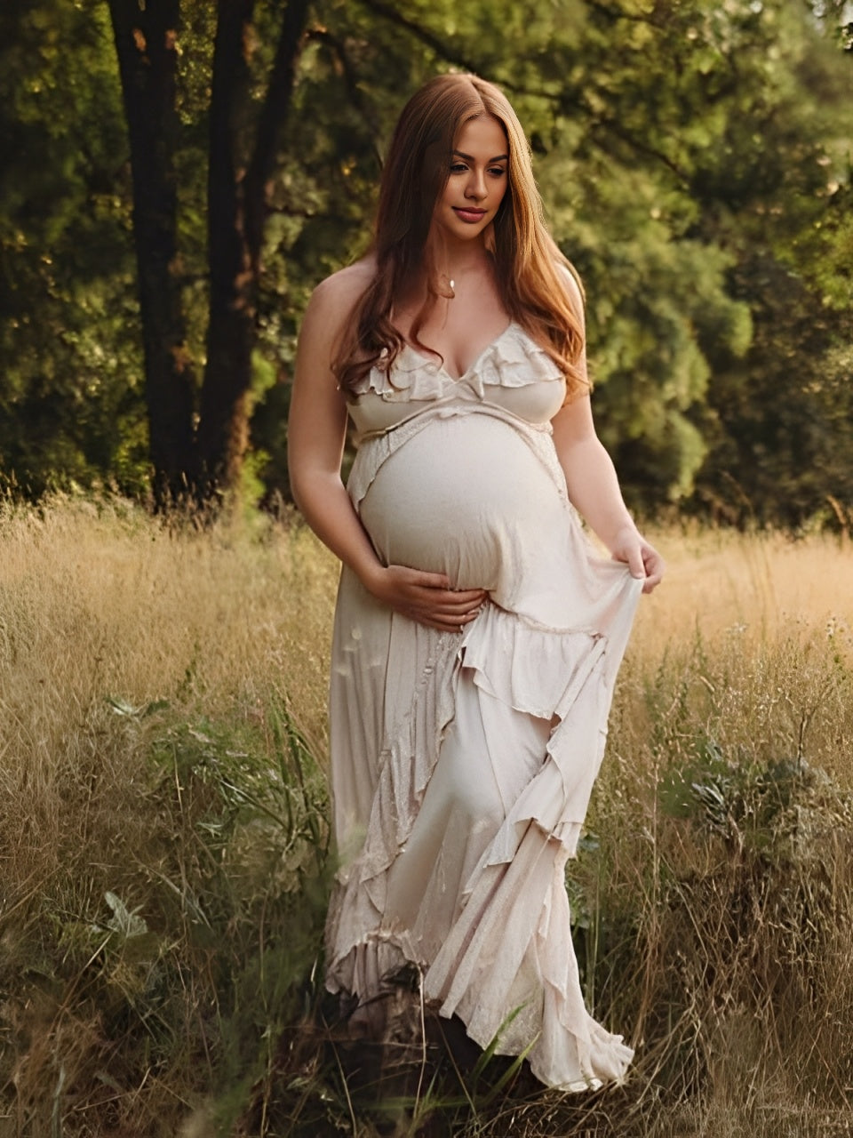 Beaumama robe shooting longue grossesse bohème volants dos nu fluide licou femme enceinte