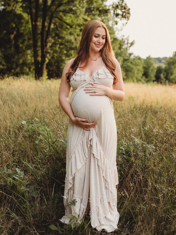 Beaumama robe shooting longue grossesse bohème volants dos nu fluide licou femme enceinte