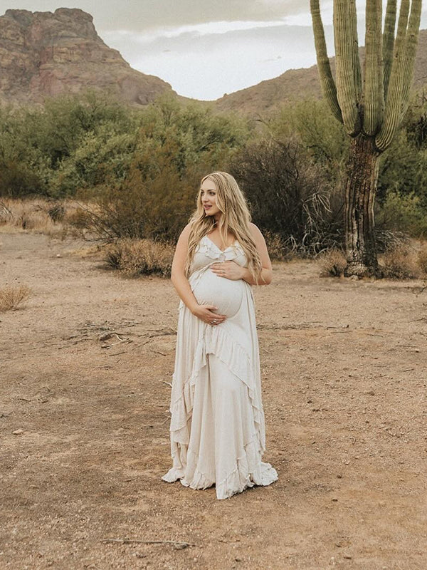 Beaumama robe shooting longue grossesse bohème volants dos nu fluide licou femme enceinte