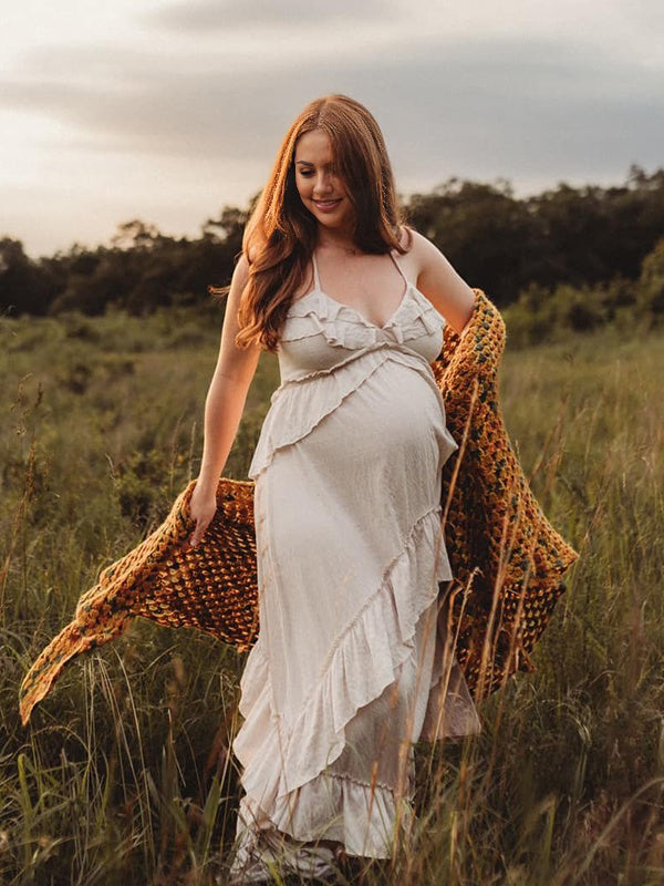Beaumama robe shooting longue grossesse bohème volants dos nu fluide licou femme enceinte