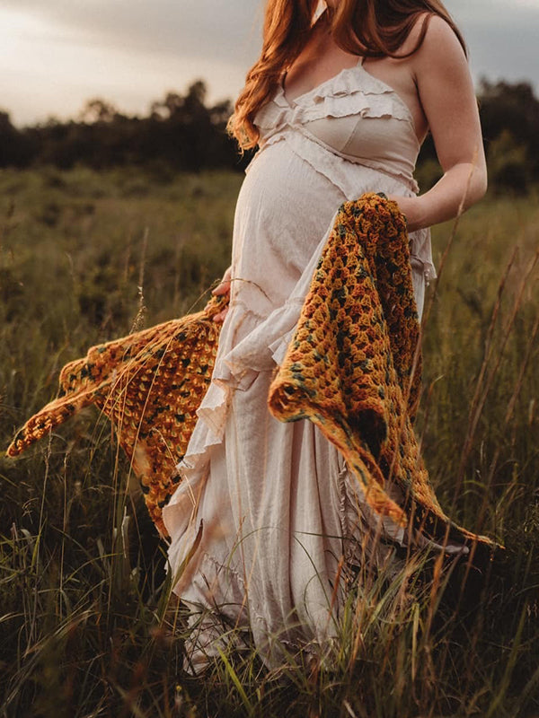 Beaumama robe shooting longue grossesse bohème volants dos nu fluide licou femme enceinte